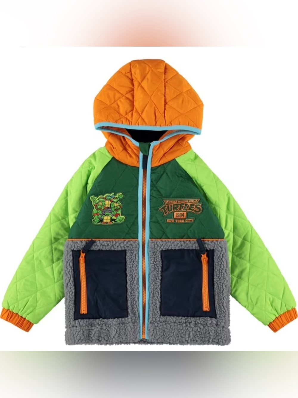 Disney Teenage Mutant Ninja Turtles Green Orange Hooded Quilted Jacket